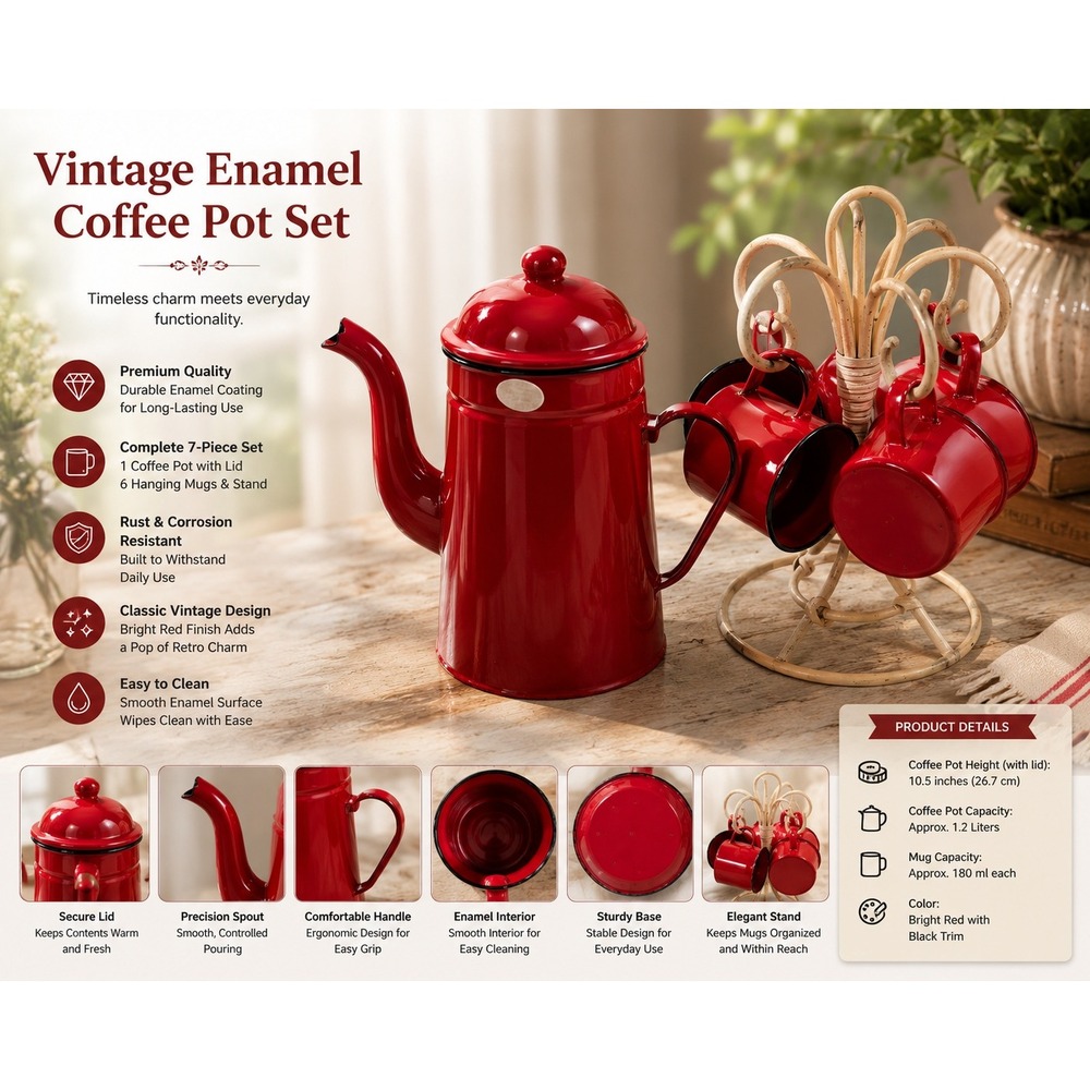 Vintage Red Enamel Coffee Pot and 4 Mugs Set with Rattan Woven Mug Tree Stand